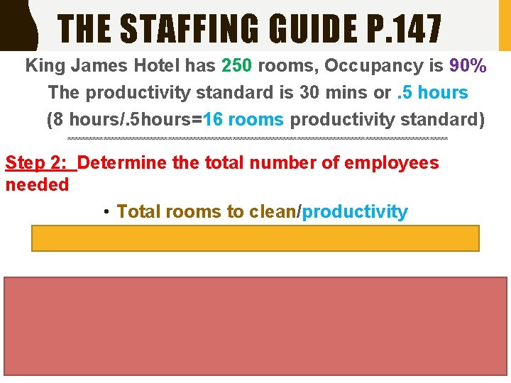 THE STAFFING GUIDE P. 147 King James Hotel has 250 rooms, Occupancy is 90%