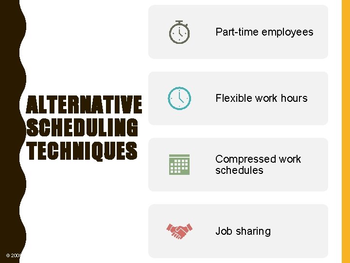 Part-time employees ALTERNATIVE SCHEDULING TECHNIQUES Flexible work hours Compressed work schedules Job sharing ©