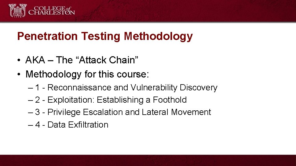 Penetration Testing Methodology • AKA – The “Attack Chain” • Methodology for this course: