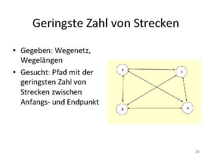 Geringste Zahl von Strecken • Gegeben: Wegenetz, Wegelängen • Gesucht: Pfad mit der geringsten