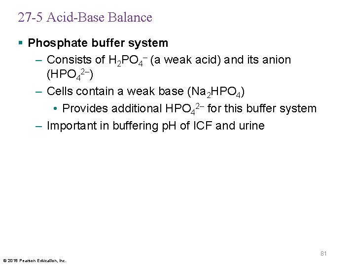 27 -5 Acid-Base Balance § Phosphate buffer system – Consists of H 2 PO