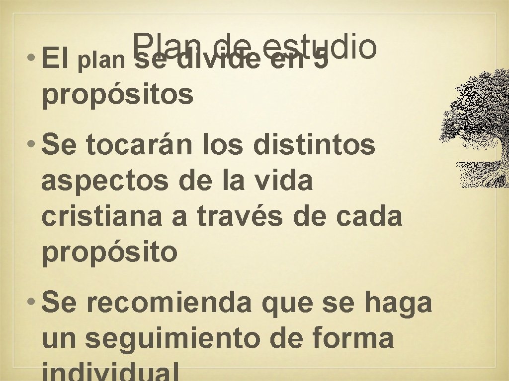 Plan de estudio • El plan se divide en 5 propósitos • Se tocarán Plan de estudio • El plan se divide en 5 propósitos • Se tocarán