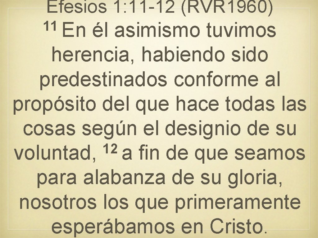 Efesios 1: 11 -12 (RVR 1960) 11 En él asimismo tuvimos herencia, habiendo sido Efesios 1: 11 -12 (RVR 1960) 11 En él asimismo tuvimos herencia, habiendo sido