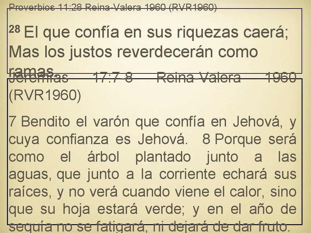 Proverbios 11: 28 Reina-Valera 1960 (RVR 1960) 28 El que confía en sus riquezas Proverbios 11: 28 Reina-Valera 1960 (RVR 1960) 28 El que confía en sus riquezas