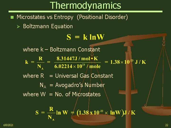 Thermodynamics n Microstates vs Entropy (Positional Disorder) Ø Boltzmann Equation where k – Boltzmann