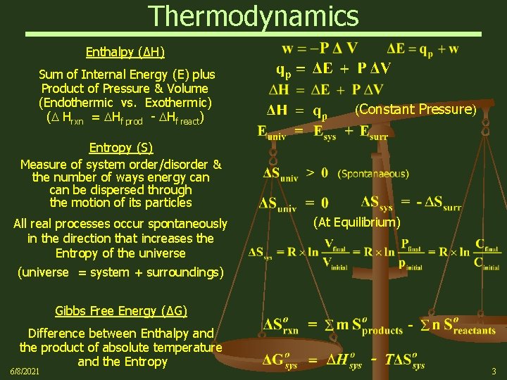 Thermodynamics Enthalpy (∆H) Sum of Internal Energy (E) plus Product of Pressure & Volume