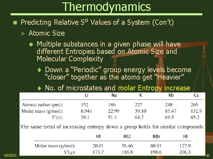 Thermodynamics n Predicting Relative So Values of a System (Con’t) Ø Atomic Size l