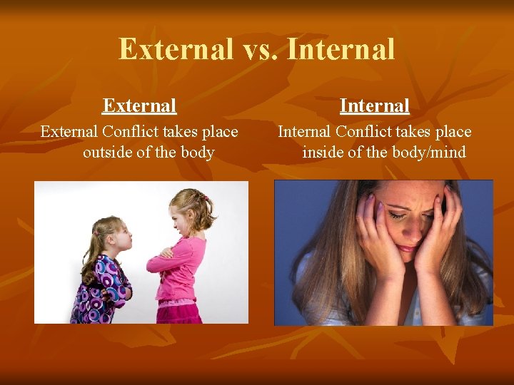 External vs. Internal External Conflict takes place outside of the body Internal Conflict takes