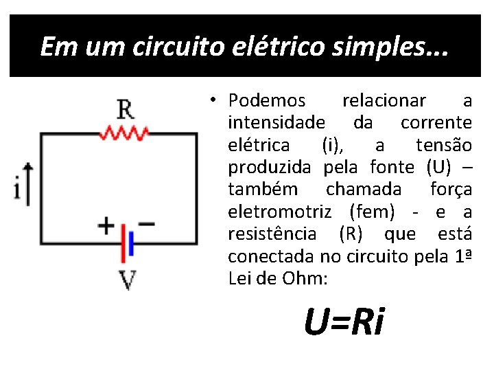 Em um circuito elétrico simples. . . • Podemos relacionar a intensidade da corrente