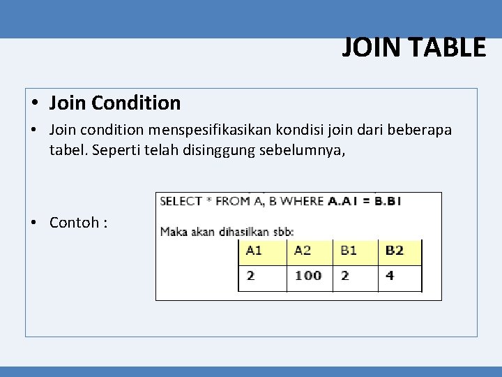 JOIN TABLE • Join Condition • Join condition menspesifikasikan kondisi join dari beberapa tabel.