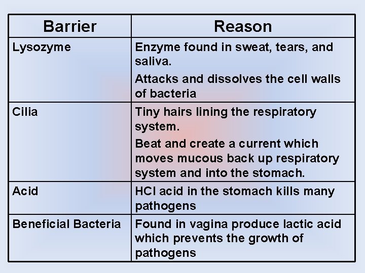 Barrier Reason Lysozyme Enzyme found in sweat, tears, and saliva. Attacks and dissolves the