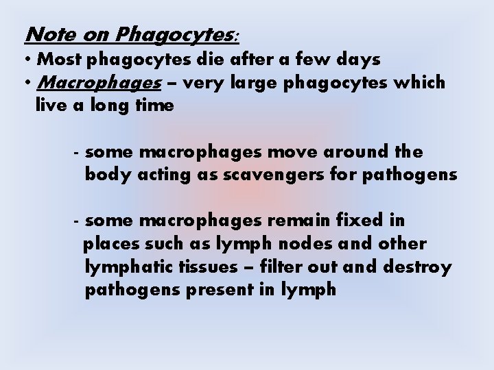 Note on Phagocytes: • Most phagocytes die after a few days • Macrophages –