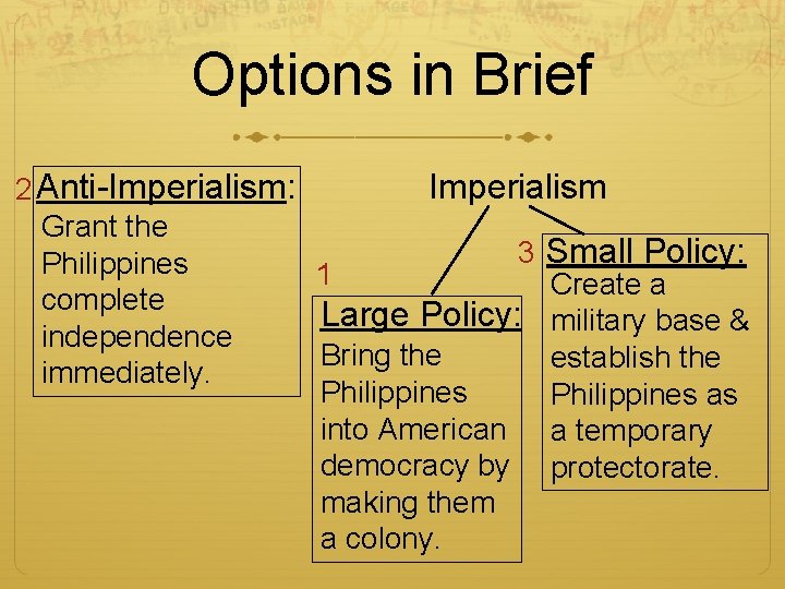 Options in Brief Imperialism 2 Anti-Imperialism: Grant the 3 Small Policy: Philippines 1 Create