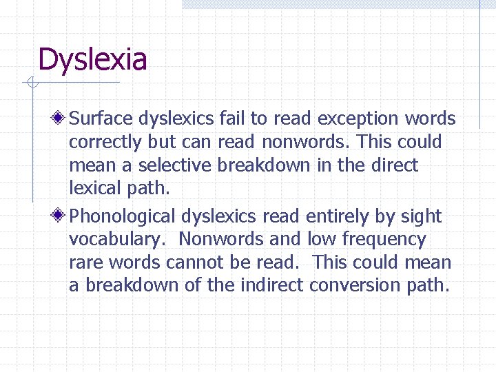 Dyslexia Surface dyslexics fail to read exception words correctly but can read nonwords. This Dyslexia Surface dyslexics fail to read exception words correctly but can read nonwords. This