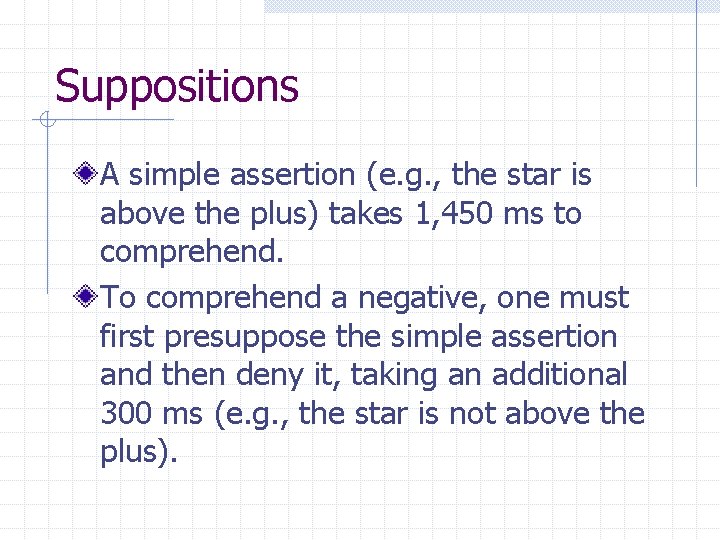Suppositions A simple assertion (e. g. , the star is above the plus) takes Suppositions A simple assertion (e. g. , the star is above the plus) takes