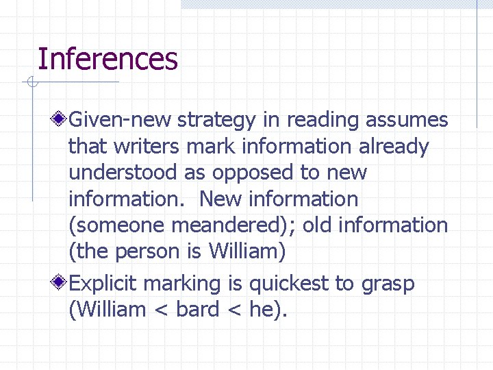 Inferences Given-new strategy in reading assumes that writers mark information already understood as opposed Inferences Given-new strategy in reading assumes that writers mark information already understood as opposed