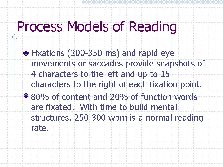 Process Models of Reading Fixations (200 -350 ms) and rapid eye movements or saccades Process Models of Reading Fixations (200 -350 ms) and rapid eye movements or saccades