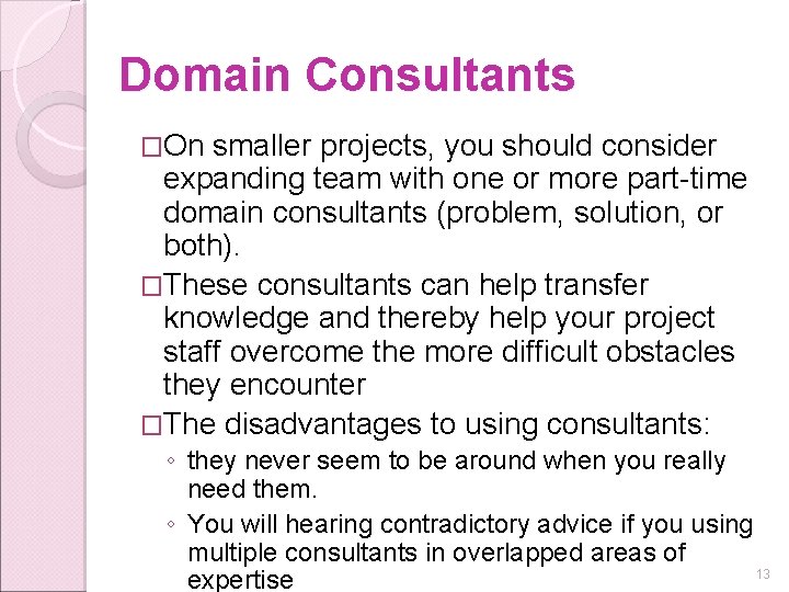 Domain Consultants �On smaller projects, you should consider expanding team with one or more
