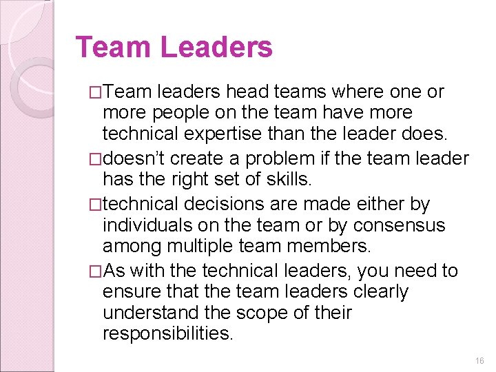 Team Leaders �Team leaders head teams where one or more people on the team