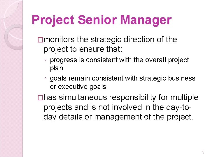 Project Senior Manager �monitors the strategic direction of the project to ensure that: ◦