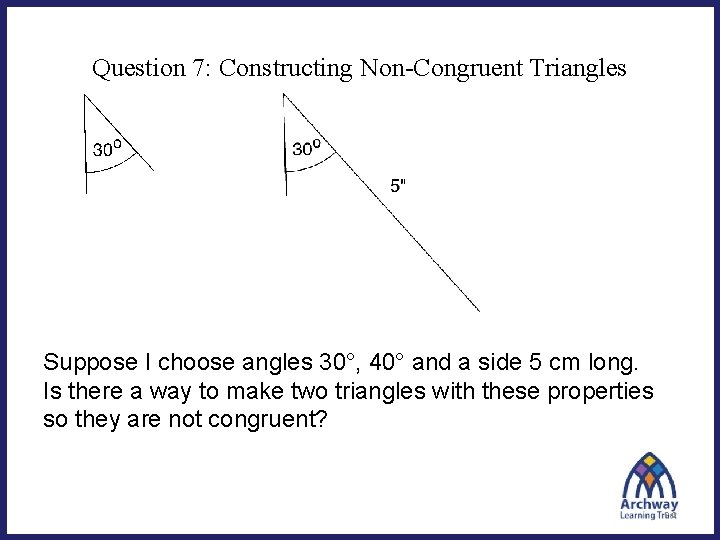 Question 7: Constructing Non-Congruent Triangles Suppose I choose angles 30°, 40° and a side