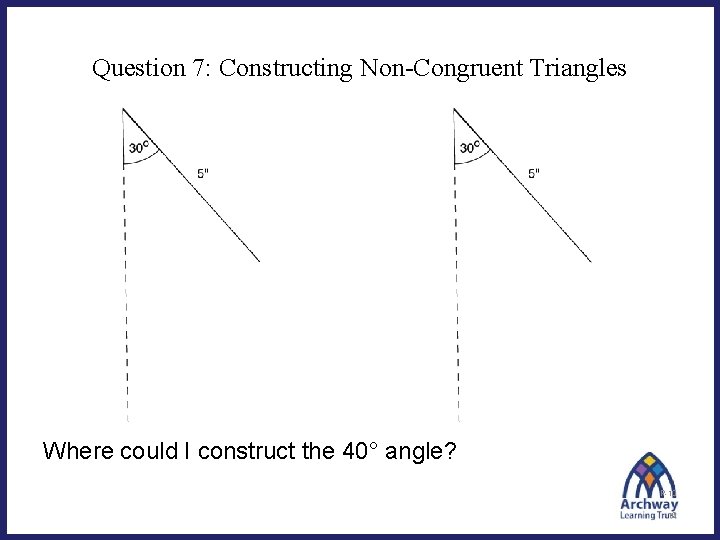 Question 7: Constructing Non-Congruent Triangles Where could I construct the 40° angle? P-10 10