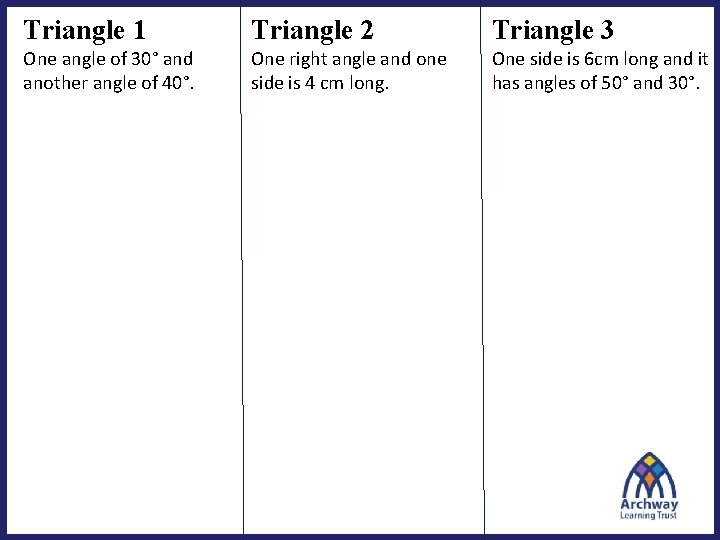 Triangle 1 Triangle 2 Triangle 3 One angle of 30° and another angle of