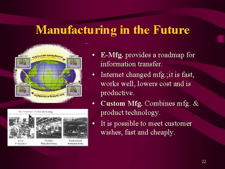 Manufacturing in the Future • E-Mfg. provides a roadmap for information transfer. • Internet
