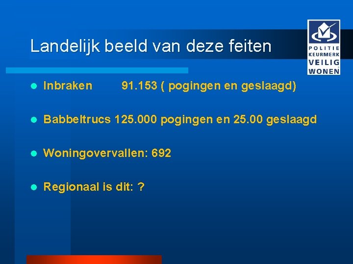 Landelijk beeld van deze feiten l Inbraken 91. 153 ( pogingen en geslaagd) l