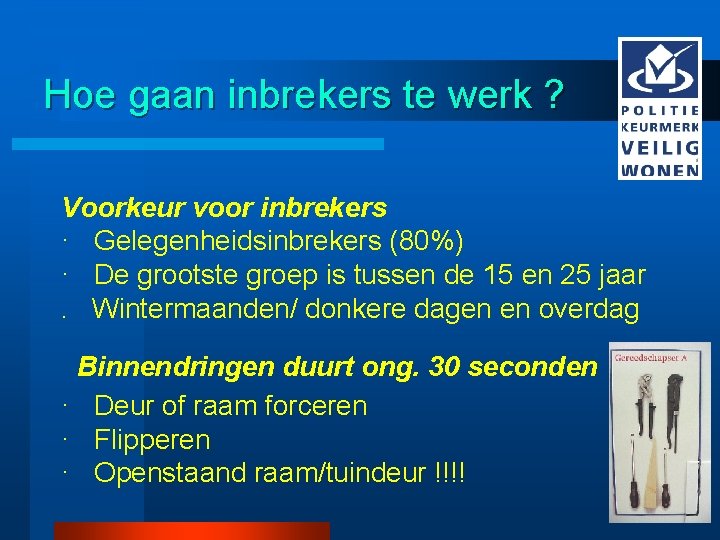 Hoe gaan inbrekers te werk ? Voorkeur voor inbrekers · Gelegenheidsinbrekers (80%) · De