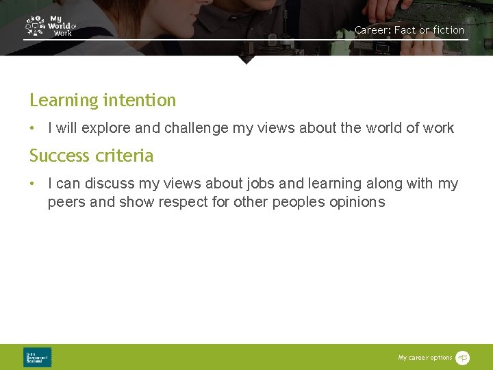 Career: Fact or fiction Learning intention • I will explore and challenge my views