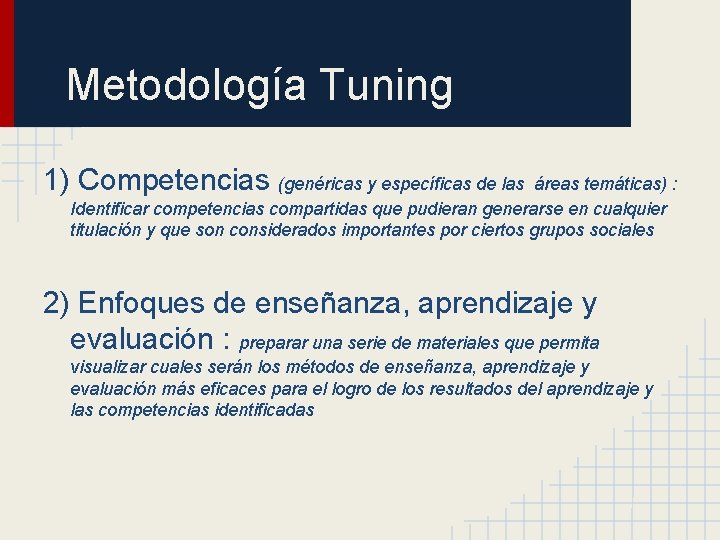 Metodología Tuning 1) Competencias (genéricas y específicas de las áreas temáticas) : Identificar competencias