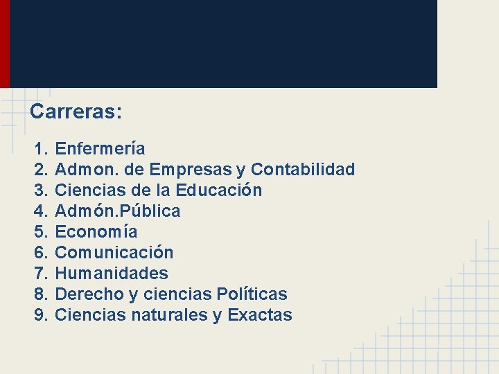 Carreras: 1. 2. 3. 4. 5. 6. 7. 8. 9. Enfermería Admon. de Empresas