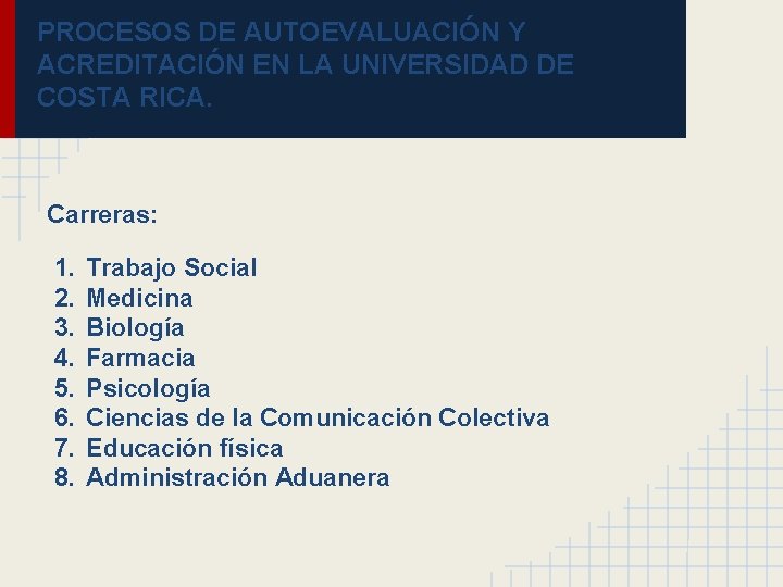 PROCESOS DE AUTOEVALUACIÓN Y ACREDITACIÓN EN LA UNIVERSIDAD DE COSTA RICA. Carreras: 1. 2.