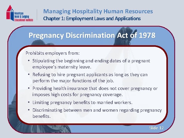Managing Hospitality Human Resources Chapter 1: Employment Laws and Applications Pregnancy Discrimination Act of