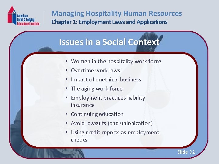 Managing Hospitality Human Resources Chapter 1: Employment Laws and Applications Issues in a Social