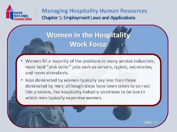 Managing Hospitality Human Resources Chapter 1: Employment Laws and Applications Women in the Hospitality