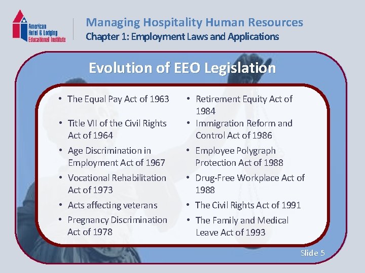 Managing Hospitality Human Resources Chapter 1: Employment Laws and Applications Evolution of EEO Legislation