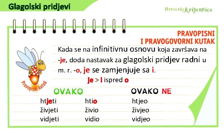 Glagolski pridjevi Kada se na infinitivnu osnovu koja završava na -je, doda nastavak za