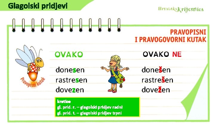 Glagolski pridjevi donesen rastresen dovezen kratice gl. prid. r. – glagolski pridjev radni gl.