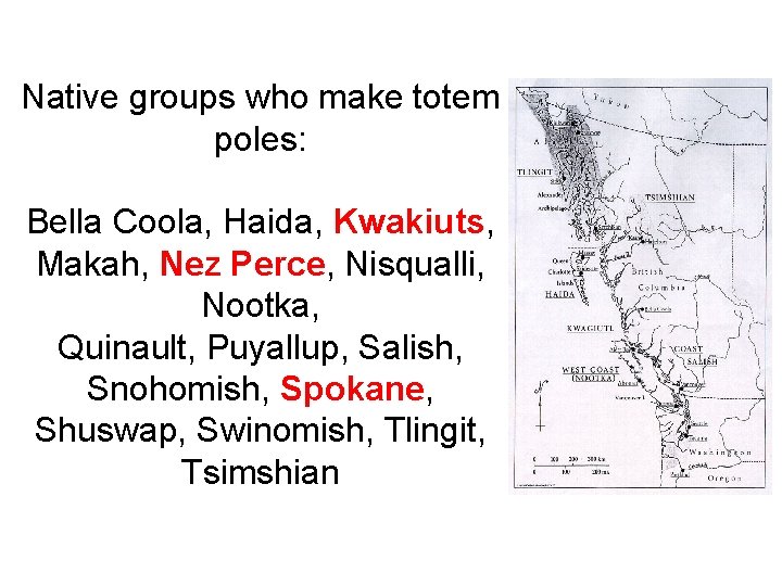 Native groups who make totem poles: Bella Coola, Haida, Kwakiuts, Makah, Nez Perce, Nisqualli,
