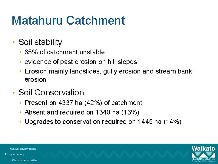 Matahuru Catchment • Soil stability • 65% of catchment unstable • evidence of past
