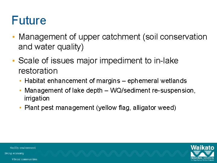 Future • Management of upper catchment (soil conservation and water quality) • Scale of
