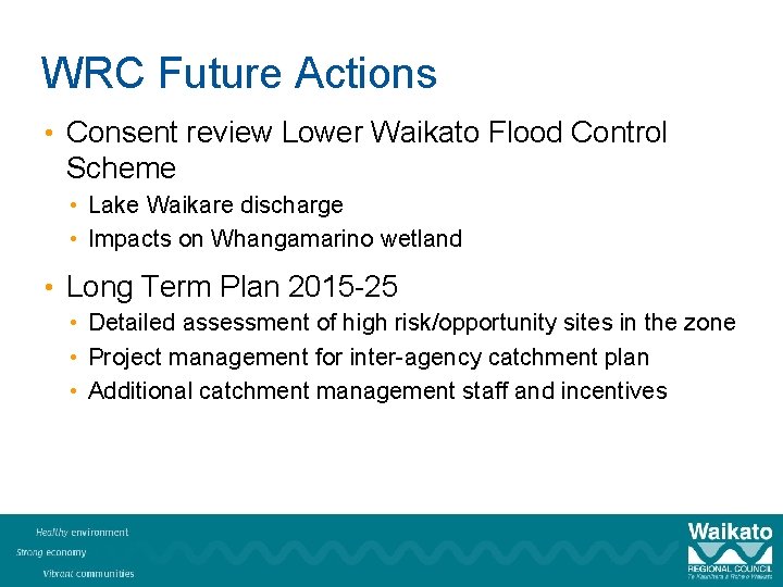 WRC Future Actions • Consent review Lower Waikato Flood Control Scheme • Lake Waikare