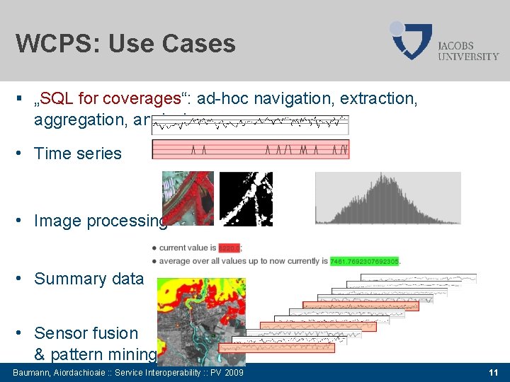 WCPS: Use Cases „SQL for coverages“: ad-hoc navigation, extraction, aggregation, analysis • Time series