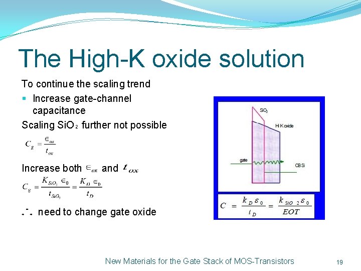 The High-K oxide solution To continue the scaling trend § Increase gate-channel capacitance Scaling