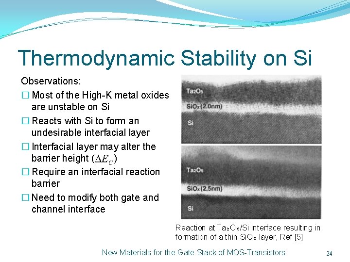 Thermodynamic Stability on Si Observations: � Most of the High-K metal oxides are unstable