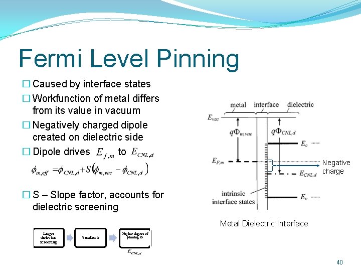 Fermi Level Pinning � Caused by interface states � Workfunction of metal differs from