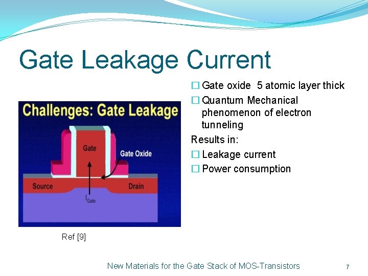 Gate Leakage Current � Gate oxide 5 atomic layer thick � Quantum Mechanical phenomenon