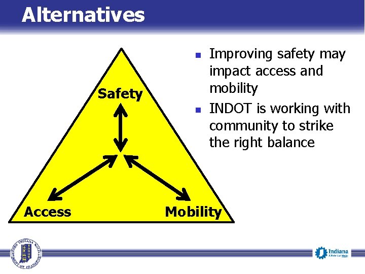 Alternatives n Safety n Access Improving safety may impact access and mobility INDOT is